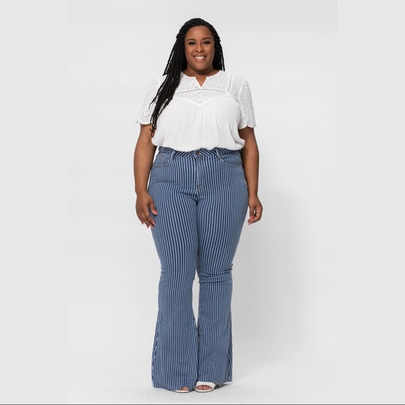 Last 1! 14W Judy Blue hi Waist Super Flare Pin Stripe Dark - Picture 3 of 13